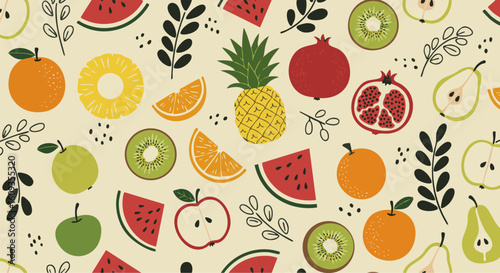 Fresh Pineapple and Mixed Fruits Seamless Pattern