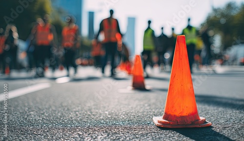 Orange traffic cones mark a city street, with people wearing safety vests walking in the background