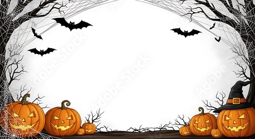 Festive Halloween night background with smiling jack-o'-lanterns, spiderwebs, and bats creating a spooky frame