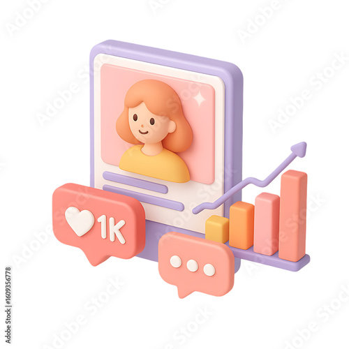 3d render isometric icon of influencer dashboard with female avatar like counter chat bubble and rising analytics chart representing social media engagement isolated on transparent background
