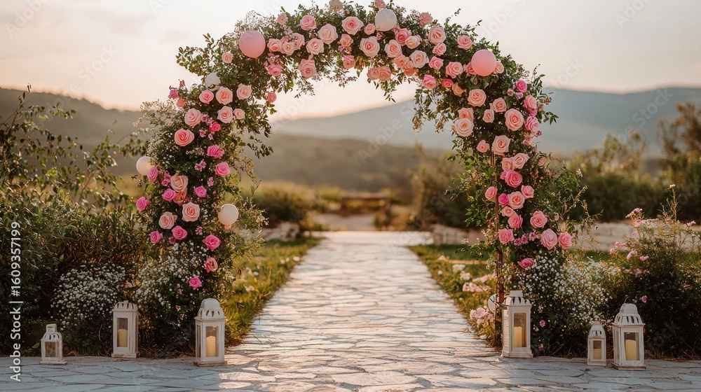 Fototapeta premium Floral archway with lanterns on stone path