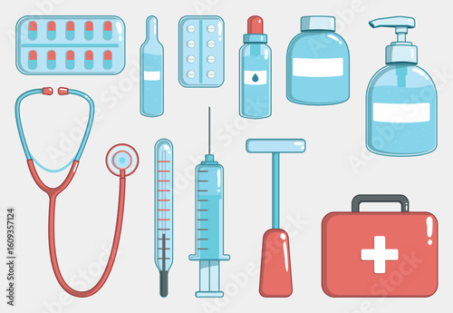 Medical Instruments Pharmacy Supplies Flat Vector Icons stethoscope, syringe, thermometer, ampoule, spray bottle, pump dispenser, medicine bottle, two blister packs, reflex hammer, first aid kit for