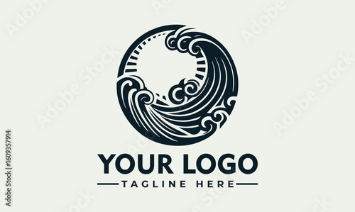 Circular logo design featuring stylized ocean waves and a sun or moon element.