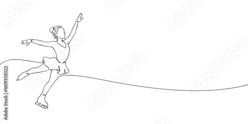 Female figure skater performing on ice in continuous line style. Minimalist outline illustration of winter sport performance. Figure skating and artistic competition concept.