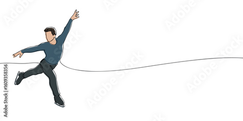 Male figure skater performing on ice with one arm raised. Minimalist line and color illustration. Winter sport performance and figure skating competition concept.