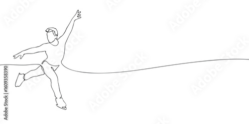 Figure skater performing jump with arms extended drawn in single continuous line. Minimalist vector illustration on white background. Winter sports and games concept for design and print.