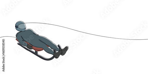 Luge athlete sliding on sled drawn in continuous line style with color fill. Minimalist vector illustration on white background. Winter sports and Olympic games concept for design and print.
