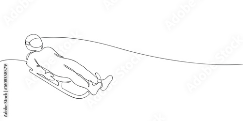 Continuous line drawing of a luge athlete sliding on a sled. Minimalist linear illustration. Winter sliding sport and Olympic games concept.