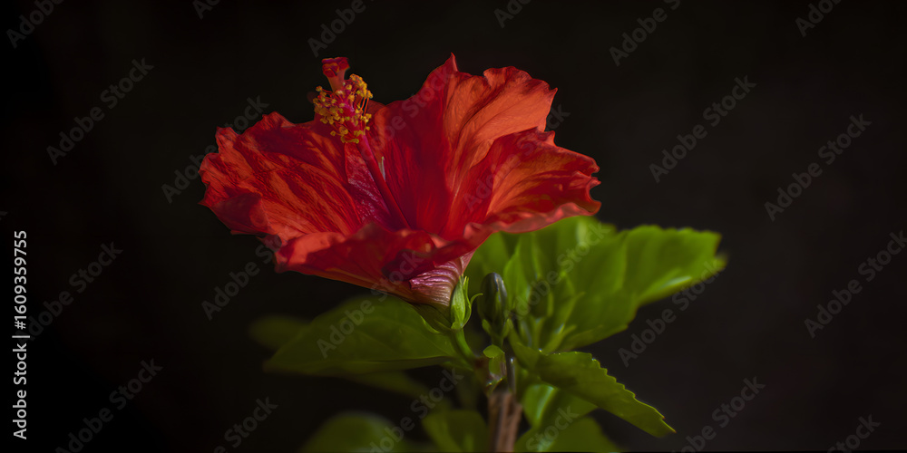 Fototapeta premium Red Hibiscus Blossom on black: A vibrant close-up of a stunning red hibiscus flower in full bloom, its petals unfurling gracefully against a dark backdrop, and a display of natural beauty.