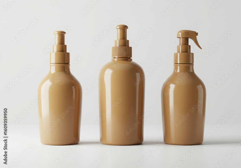 Three amber glass bottles with pumps isolated on white background Three amber glass bottles with pumps isolated on white background