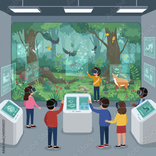 Vector illustration of diverse children using VR in science museum exhibit