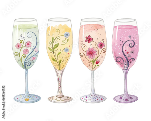 set of watercolor Champagne Glasses vector illustration isolated on white background