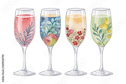 set of watercolor Champagne Glasses vector illustration isolated on white background