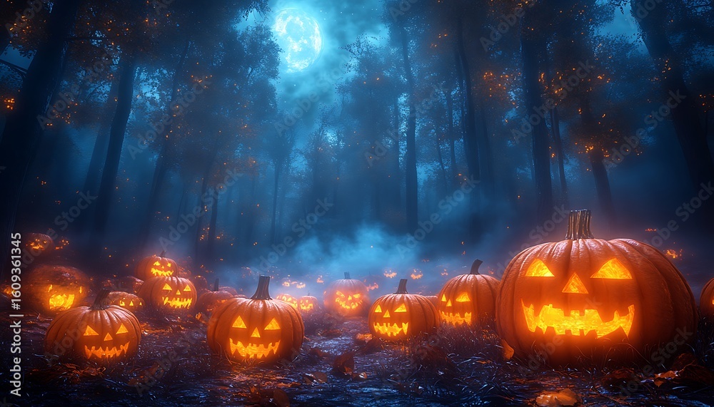 Naklejka premium Many glowing jack o lanterns in a dark foggy forest at night halloween pumpkin