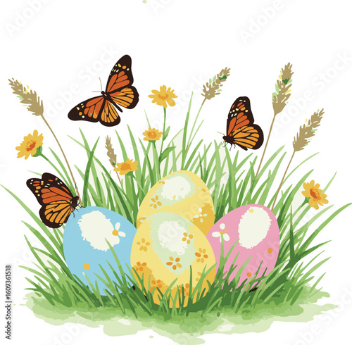 Vibrant Easter Celebration An Artistic Display of Decorated Eggs Amidst Flourishing Grass Flowers and Graceful Monarch Butterflies Delightful Spring Scene