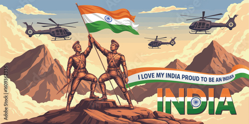 India Independence Day tribute with two soldiers on mountain peak holding national flag, helicopters above, and proud patriotic typography