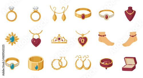 Classic women’s jewelry flat icon set, 15 items