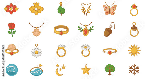 Nature-inspired women’s jewelry flat icon set, 15 items