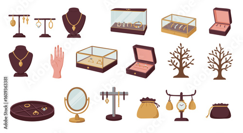 Jewelry display elements flat icon pack, 15 isolated items