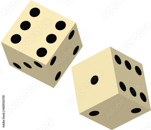 Two ivory colored dice with black dots randomly scattered against a plain white background surface game
