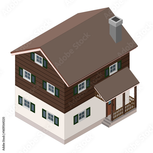 Isometric Wooden Chalet House with Balcony and Chimney
