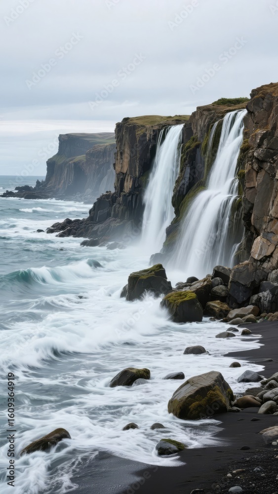 Obraz premium Waterfalls cascading over cliffs into the ocean, with waves crashing on a black sand beach.