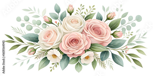Boho Watercolor Floral Set with Pampas Grass, Beige Roses, Blush Peonies, Frames, Borders, and Botanical Elements on Transparent Background for Rustic Weddings