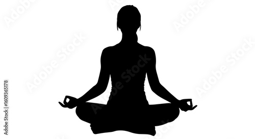 Woman Meditating in Lotus Pose Silhouette – Black and White Yoga Vector – Mindfulness and Wellness Concept

