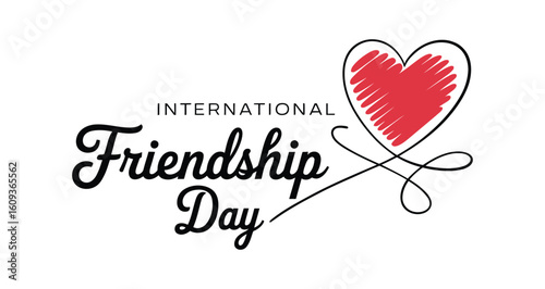 International Friendship Day emblem featuring red scribble heart, connected typography in uppercase and cursive fonts, minimalistic layout
