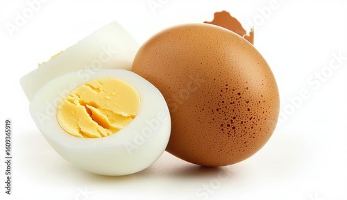 Hard-boiled chicken eggs and half of egg with yellow hard yolk on white background
