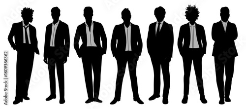 Set of full length black silhouettes of different businessmen standing in suits. Professional poses, Flat vector illustration isolated on transparent background. Corporate and formal concept.