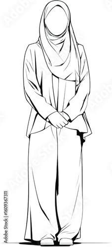 Simple black and white illustration of a woman wearing a hijab and modest clothing