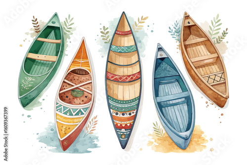 set of watercolor Canoe vector illustration isolated on white background