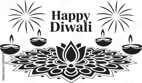 Elegant Happy Diwali Black and White Graphic with Lotus and Oil Lamps