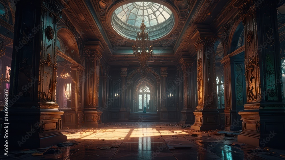 Obraz premium Grand, ornate hall with a domed ceiling, sunlight, and detailed carvings