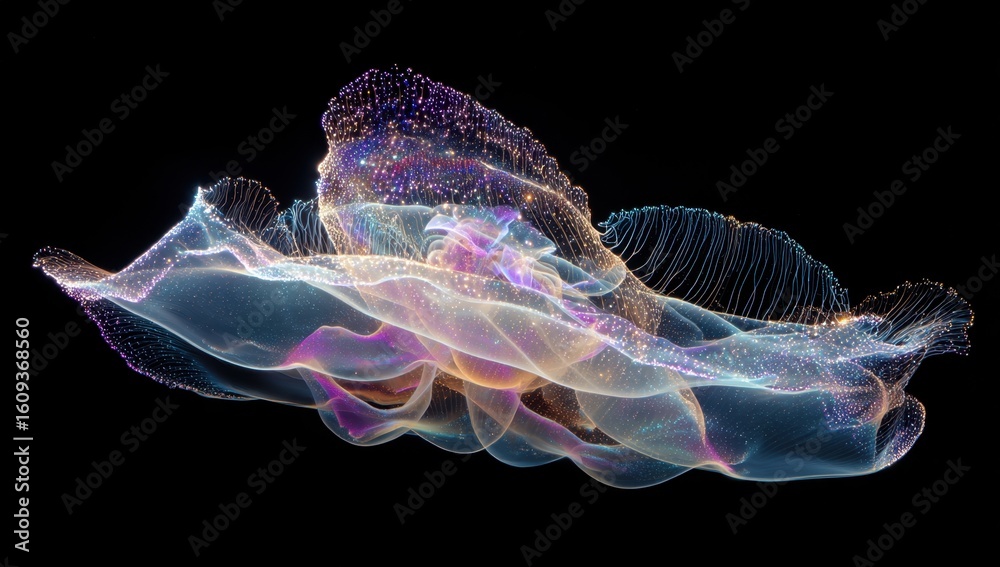 Obraz premium An ethereal, glowing abstract form with shimmering particles floats against a stark black backdrop, evoking a sense of mystery and otherworldly beauty.