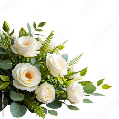A corner arrangement of white roses and eucalyptus leaves isolated on transparent background