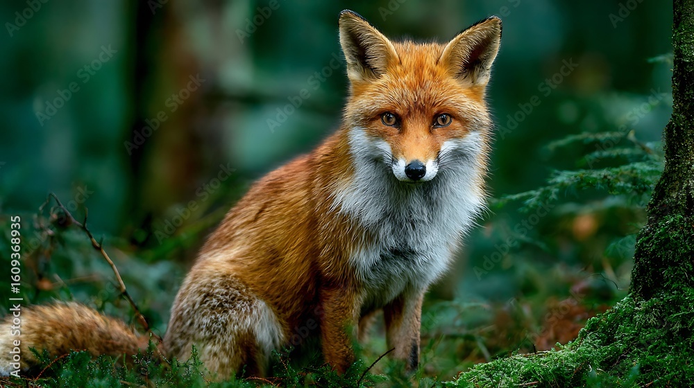 Fototapeta premium Red fox in rewilding forest alert pose vibrant fur natural habitat soft forest tones wild