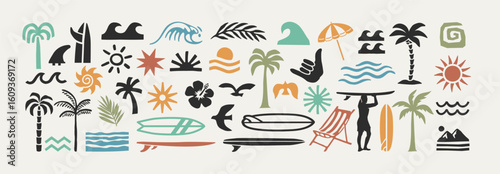 Surf and beach icon vector set with tropical elements like palm trees, waves, surfboards, and sun. Perfect for summer designs, t-shirts, posters, stickers, and coastal branding.