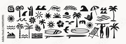 Surf and beach icon vector set with tropical elements like palm trees, waves, surfboards, and sun. Perfect for summer designs, t-shirts, posters, stickers, and coastal branding.