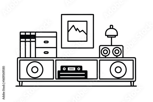 Retro Modern Living Room With Record Wall And Turntable