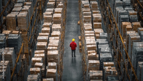 A lone worker in a safety helmet walks through a vast warehouse aisle lined with stacked goods, emphasizing scale and industrial organization.