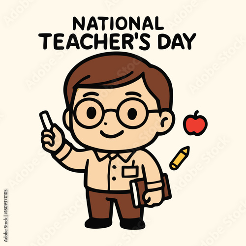 National Teacher Day with a Kind-Hearted Teacher Character Holding Chalk and Standing Proudly Beside a Blackboard, Inspiring the Next Generation
