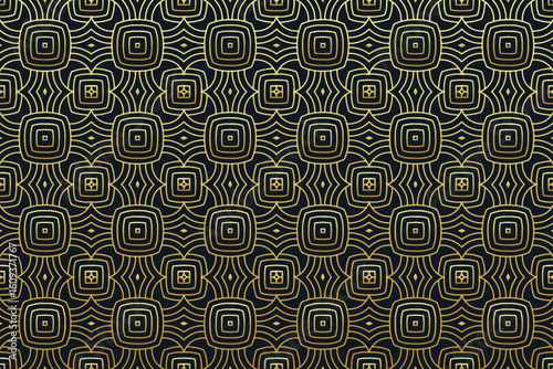 Ethnic dark background, tribal design cover, banner, wallpaper. Geometric golden pattern. Classic ornaments, arabesques, mandala of the East, Asia, India, Mexico, Aztec, Peru.