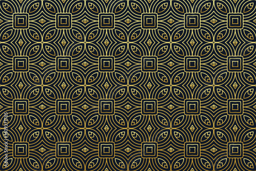 Ethnic dark background, tribal design cover, banner, wallpaper. Geometric golden elegant pattern. Classic ornaments, arabesques, mandala of the East, Asia, India, Mexico, Aztec, Peru.