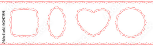Hand drawn retro scallop frame with lace edges isolated on transparent background with copy space. Valentines pink heart, square, oval, circle shapes, lace border brush. Vector design wedding invite
