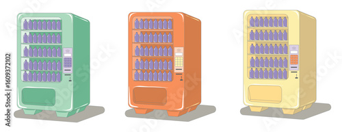 Green, orange and yellow beverage vending machines. Vector illustration