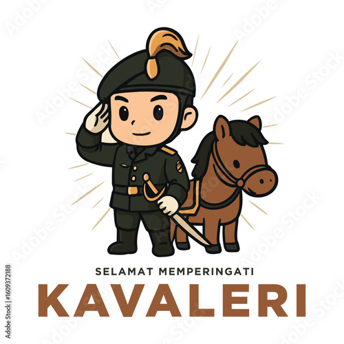 Cavalry Day Commemoration with a Brave Character Holding a Horse and Wearing a Beret