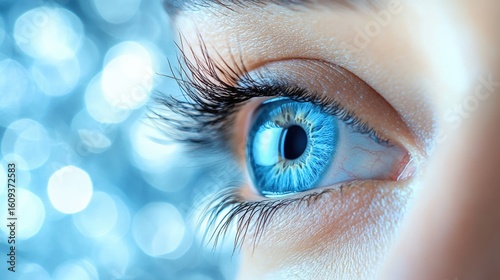 Wallpaper Mural Close-up of a vibrant blue human eye with detailed iris and long eyelashes, set against a sparkling blue bokeh background. Torontodigital.ca