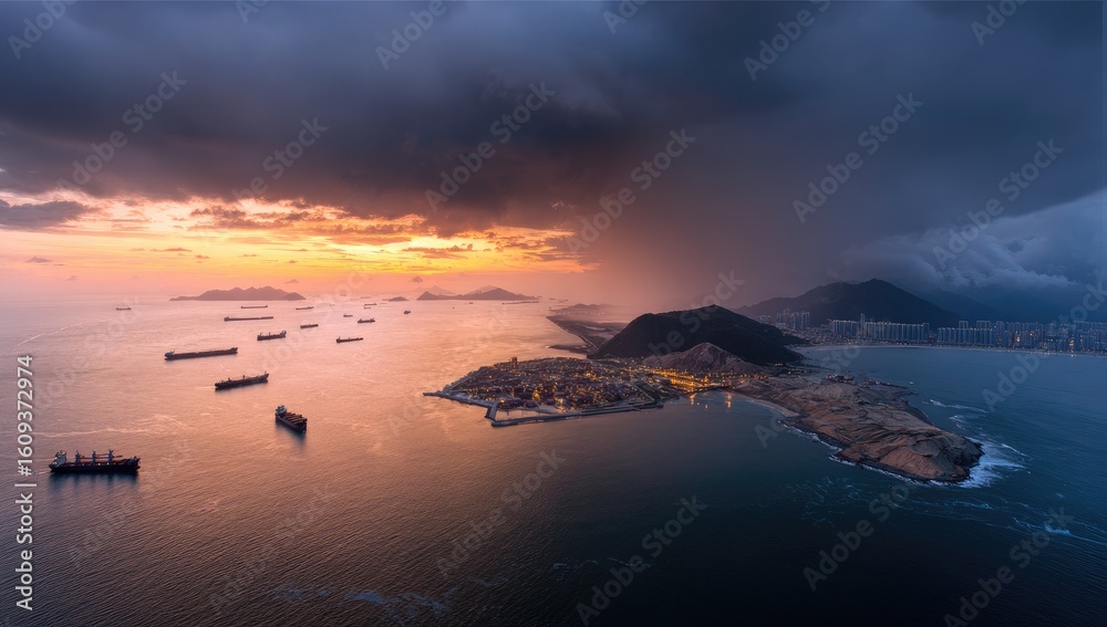 Fototapeta premium Aerial view of a coastal city at sunrise with stormy clouds